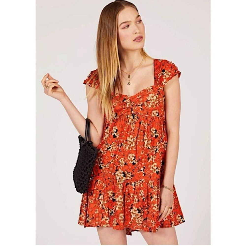 Free People Red Orange Floral Pattern Play Linen Printed Dress small‎